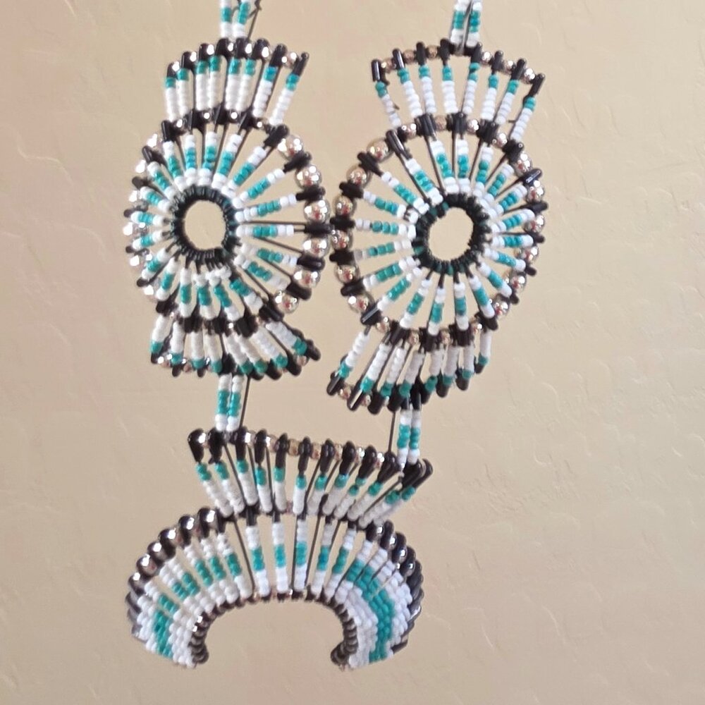 Vintage Squash Blossom Turquoise White Black Handmade Beaded Safety Pin Necklace - Picture 10 of 14